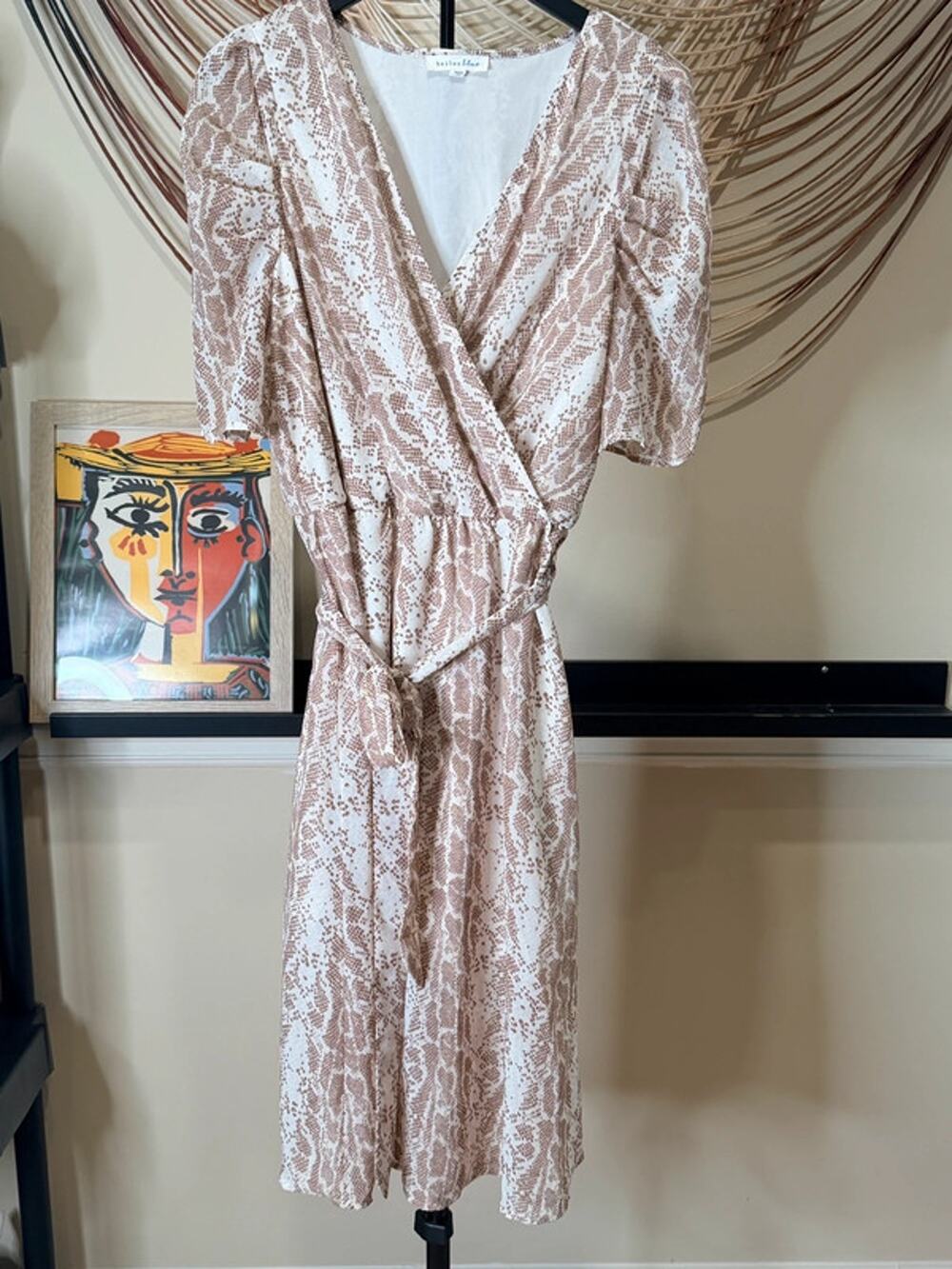 3 for $9 Bailey blue tan and white V-neck dress EUC l 2801